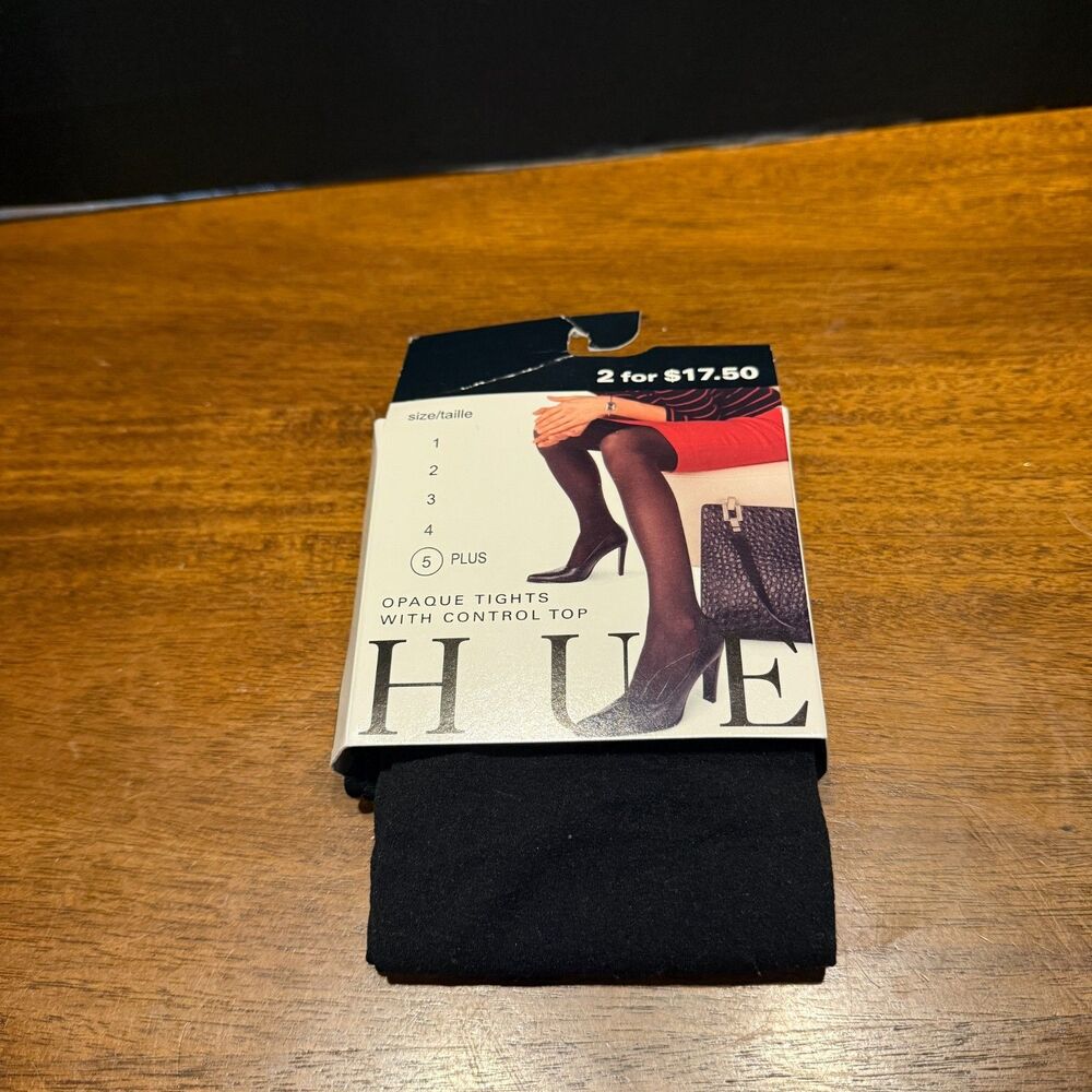 HUE Opaque Tights Control Top Black Size 5 Plus Stretch Stockings NWT